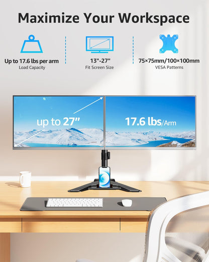 Dual Monitor Stand - Freestanding & Height Adjustable Monitor Desk Mount, Steady VESA Mount Holds Max 17.6 lbs, Computer Monitor Stand for 2 Screens up to 27 inches, For Home Office