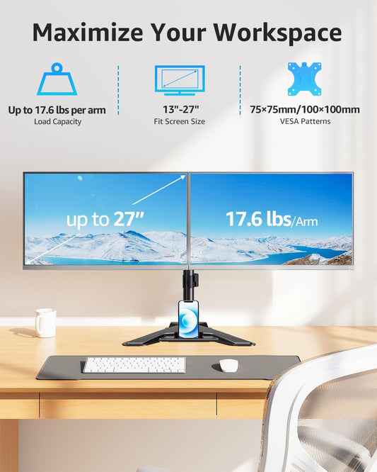 Dual Monitor Stand - Freestanding & Height Adjustable Monitor Desk Mount, Steady VESA Mount Holds Max 17.6 lbs, Computer Monitor Stand for 2 Screens up to 27 inches, For Home Office