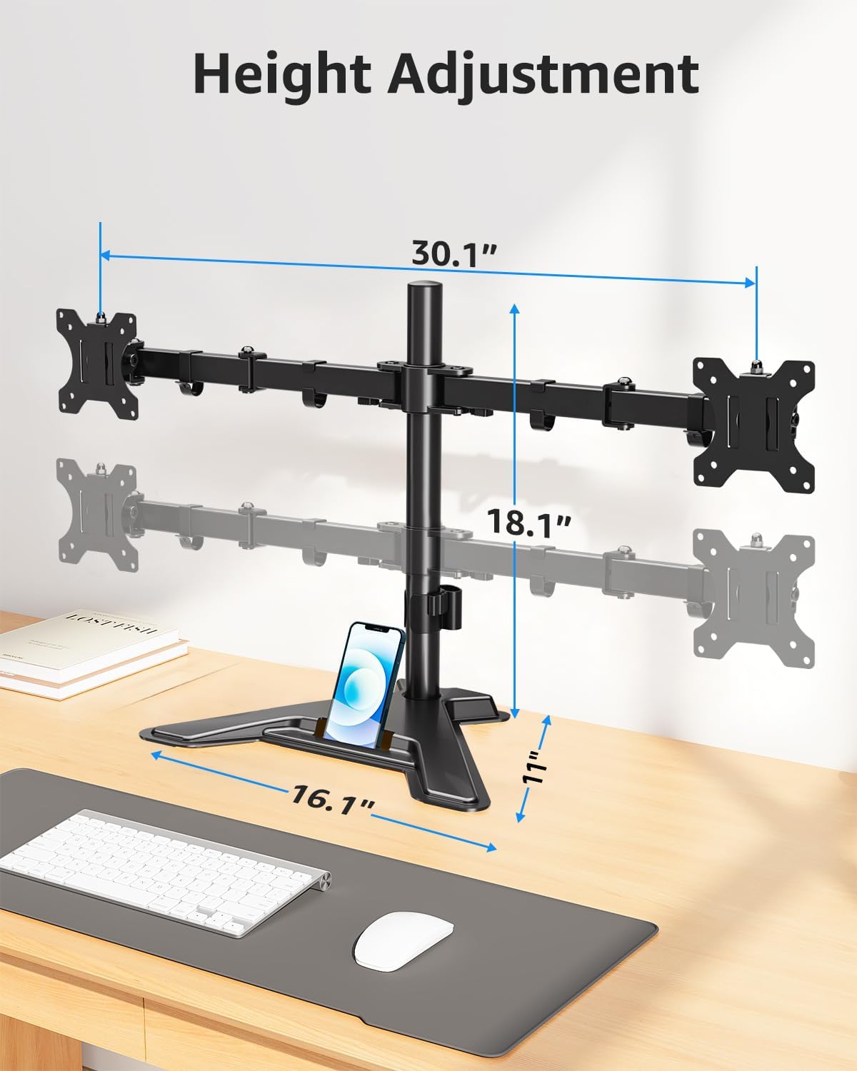 Dual Monitor Stand - Freestanding & Height Adjustable Monitor Desk Mount, Steady VESA Mount Holds Max 17.6 lbs, Computer Monitor Stand for 2 Screens up to 27 inches, For Home Office