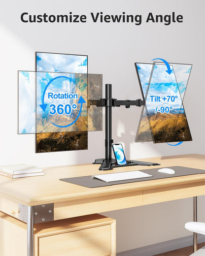 Dual Monitor Stand - Freestanding & Height Adjustable Monitor Desk Mount, Steady VESA Mount Holds Max 17.6 lbs, Computer Monitor Stand for 2 Screens up to 27 inches, For Home Office