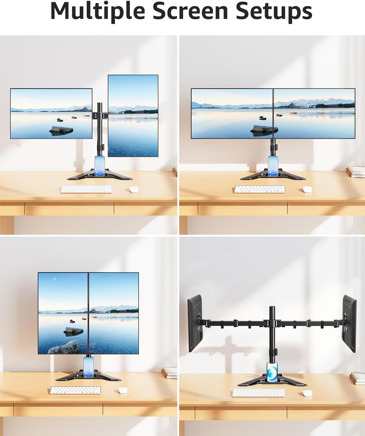 Dual Monitor Stand - Freestanding & Height Adjustable Monitor Desk Mount, Steady VESA Mount Holds Max 17.6 lbs, Computer Monitor Stand for 2 Screens up to 27 inches, For Home Office
