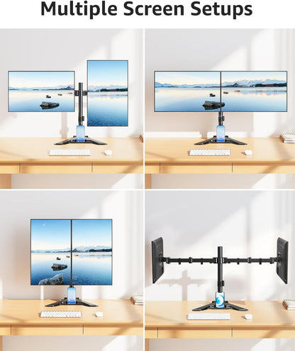 Dual Monitor Stand - Freestanding & Height Adjustable Monitor Desk Mount, Steady VESA Mount Holds Max 17.6 lbs, Computer Monitor Stand for 2 Screens up to 27 inches, For Home Office