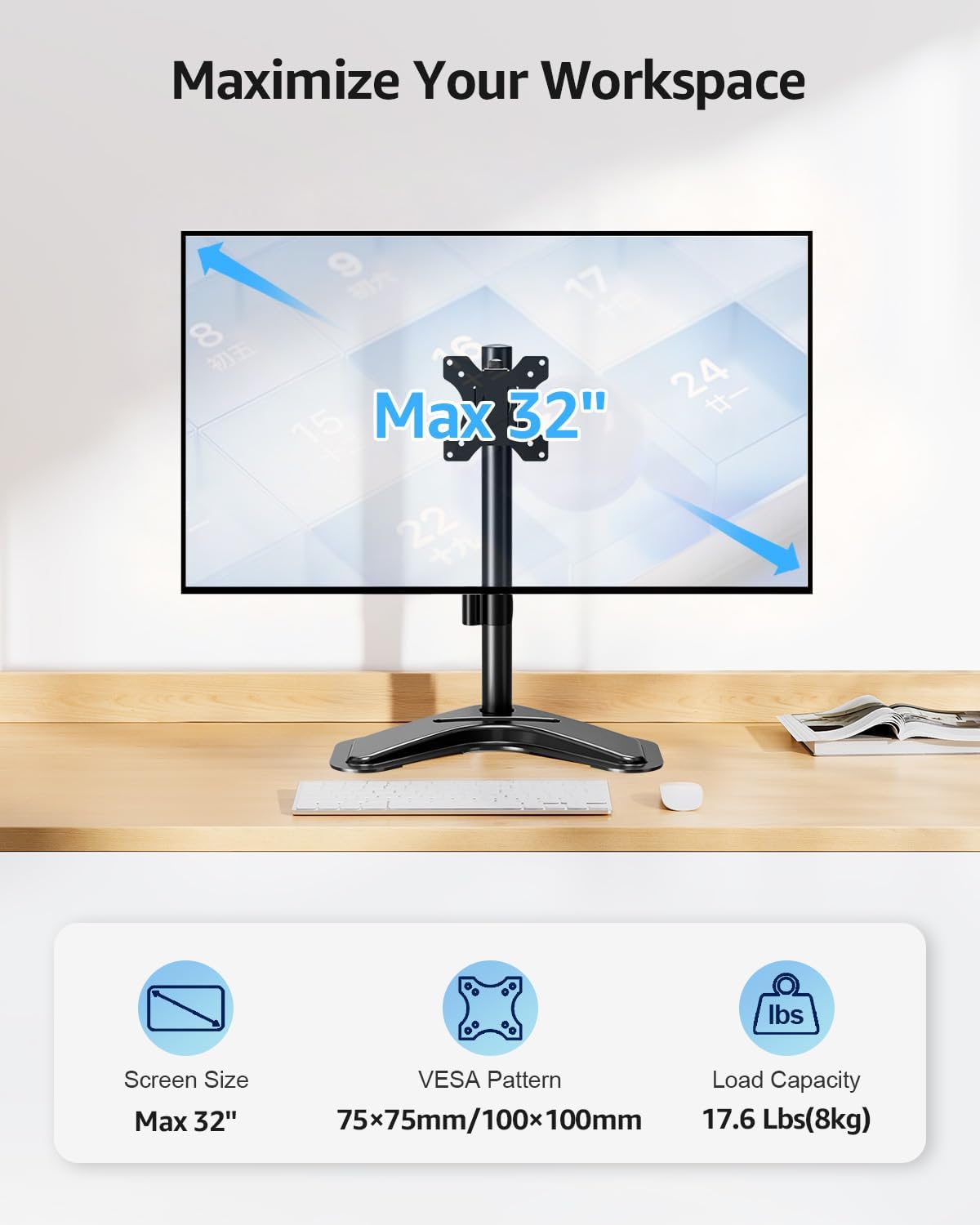 Dual Monitor Stand - Freestanding & Height Adjustable Monitor Desk Mount, Steady VESA Mount Holds Max 17.6 lbs, Computer Monitor Stand for 2 Screens up to 27 inches, For Home Office