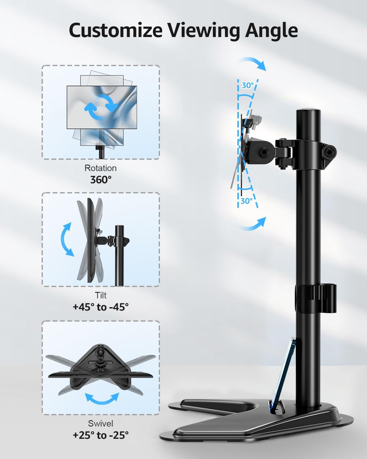 Dual Monitor Stand - Freestanding & Height Adjustable Monitor Desk Mount, Steady VESA Mount Holds Max 17.6 lbs, Computer Monitor Stand for 2 Screens up to 27 inches, For Home Office