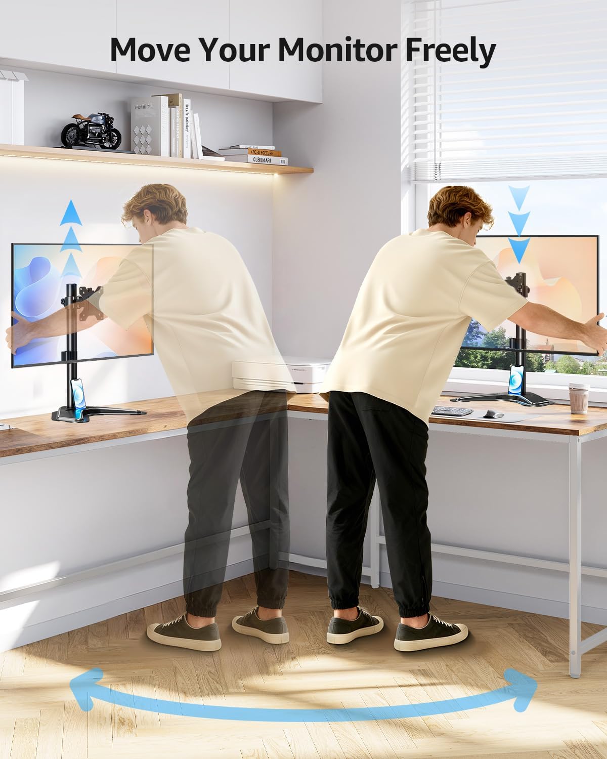 Dual Monitor Stand - Freestanding & Height Adjustable Monitor Desk Mount, Steady VESA Mount Holds Max 17.6 lbs, Computer Monitor Stand for 2 Screens up to 27 inches, For Home Office