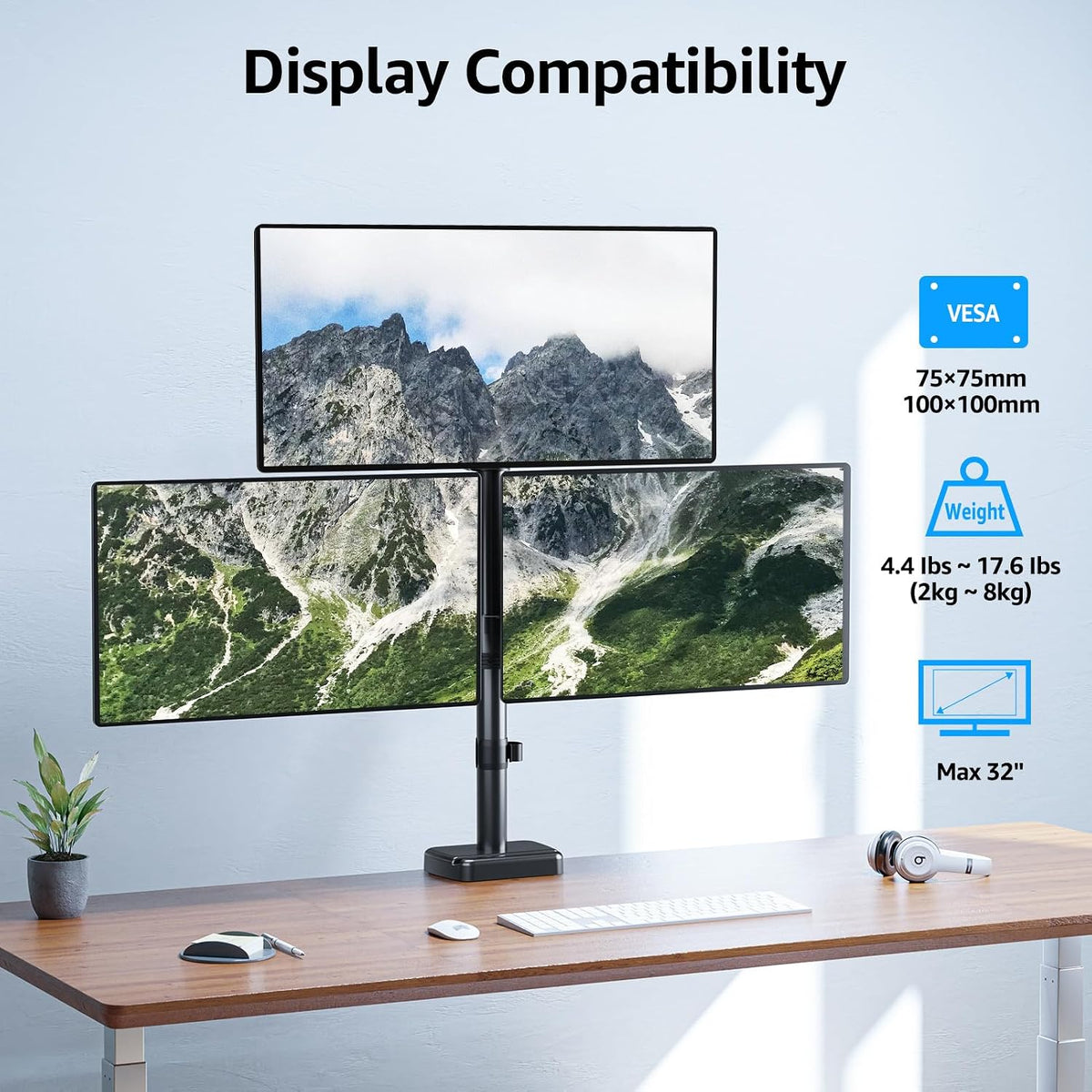 Dual Monitor Stand - Freestanding & Height Adjustable Monitor Desk Mount, Steady VESA Mount Holds Max 17.6 lbs, Computer Monitor Stand for 2 Screens up to 27 inches, For Home Office