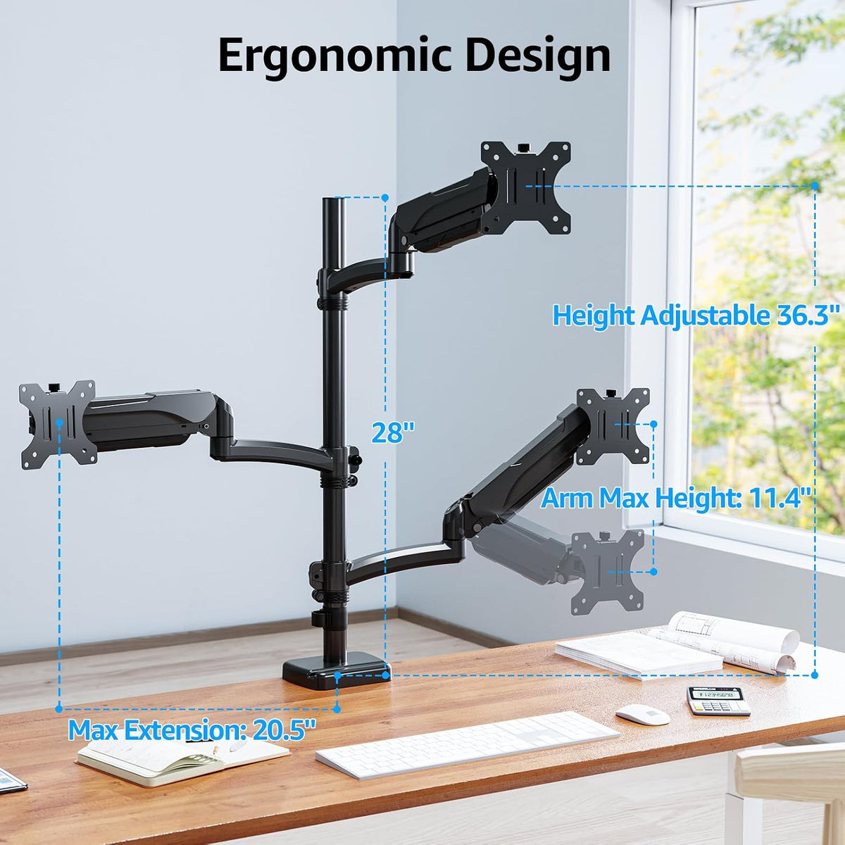 Dual Monitor Stand - Freestanding & Height Adjustable Monitor Desk Mount, Steady VESA Mount Holds Max 17.6 lbs, Computer Monitor Stand for 2 Screens up to 27 inches, For Home Office