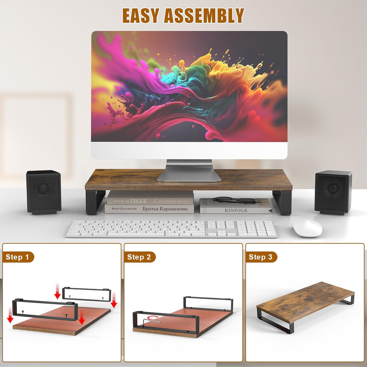 XINYAO Wood Monitor Stand Riser for Desk, 24x12x3 inch, Rustic Brown