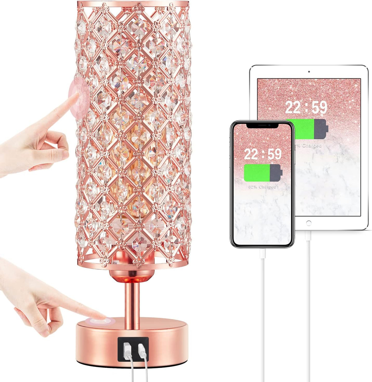 Pink Crystal Table Lamp, 3 Way Dimmable Touch Lamps for Night Stands