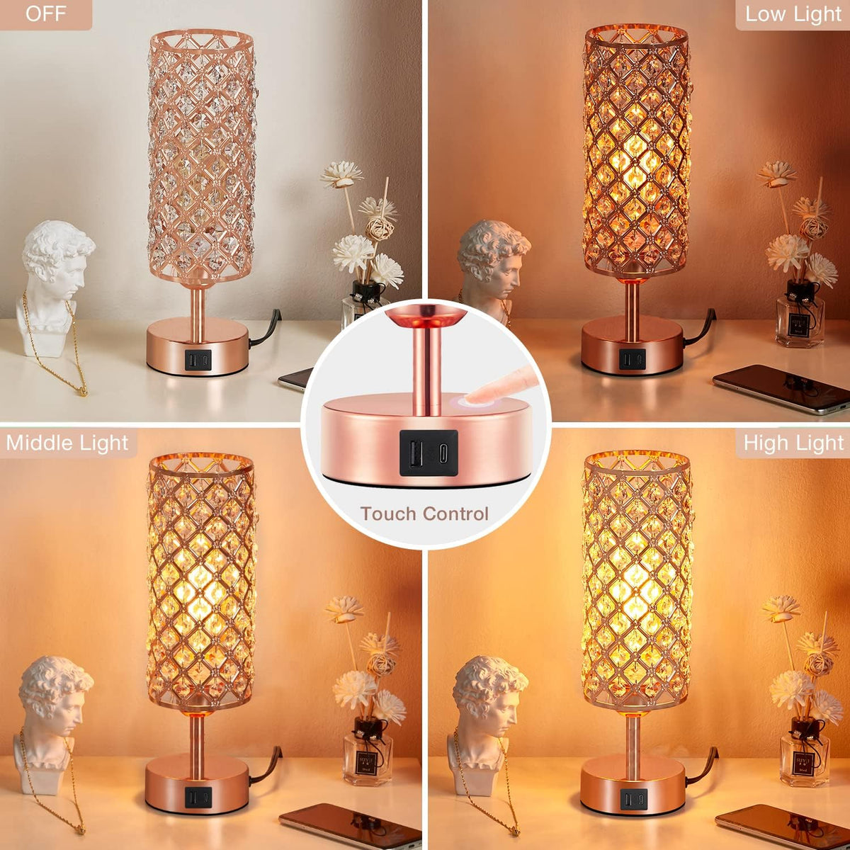 Pink Crystal Table Lamp, 3 Way Dimmable Touch Lamps for Night Stands