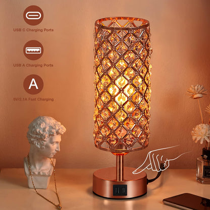 Pink Crystal Table Lamp, 3 Way Dimmable Touch Lamps for Night Stands