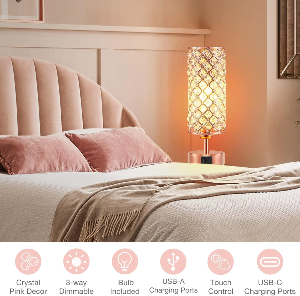 Pink Crystal Table Lamp, 3 Way Dimmable Touch Lamps for Night Stands