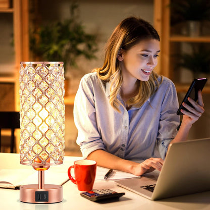 Pink Crystal Table Lamp, 3 Way Dimmable Touch Lamps for Night Stands