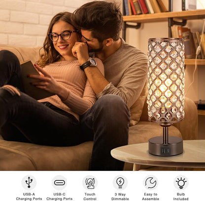 Pink Crystal Table Lamp, 3 Way Dimmable Touch Lamps for Night Stands