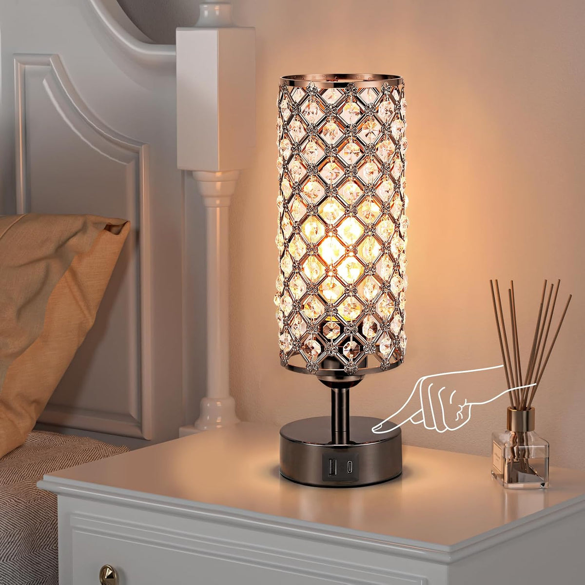 Pink Crystal Table Lamp, 3 Way Dimmable Touch Lamps for Night Stands