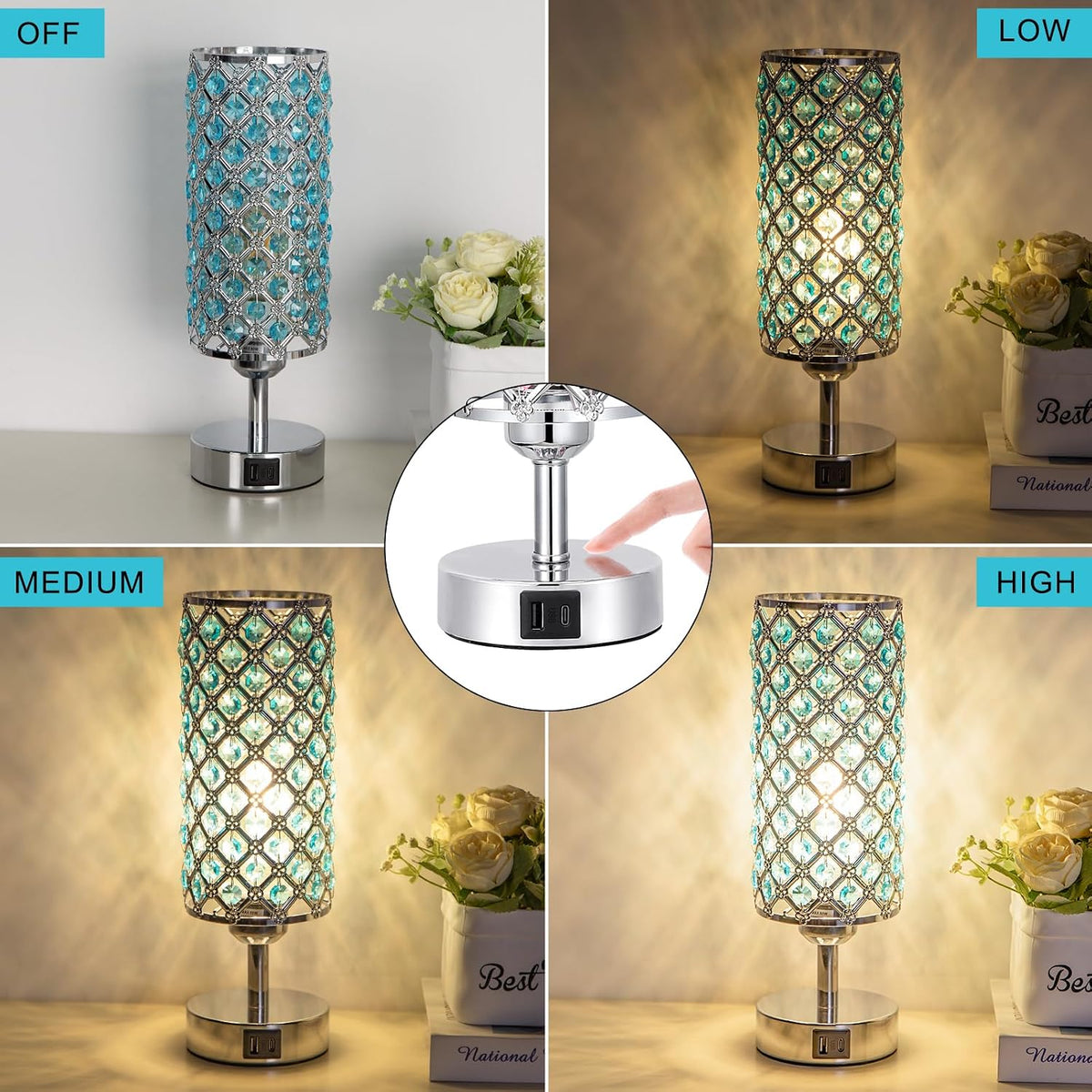 Pink Crystal Table Lamp, 3 Way Dimmable Touch Lamps for Night Stands