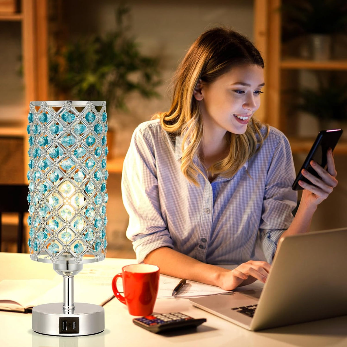Pink Crystal Table Lamp, 3 Way Dimmable Touch Lamps for Night Stands