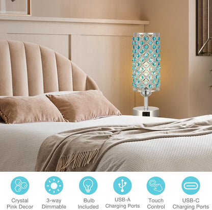 Pink Crystal Table Lamp, 3 Way Dimmable Touch Lamps for Night Stands