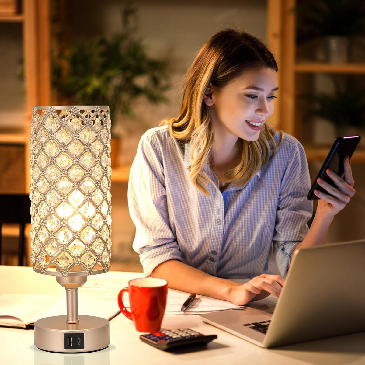 Pink Crystal Table Lamp, 3 Way Dimmable Touch Lamps for Night Stands