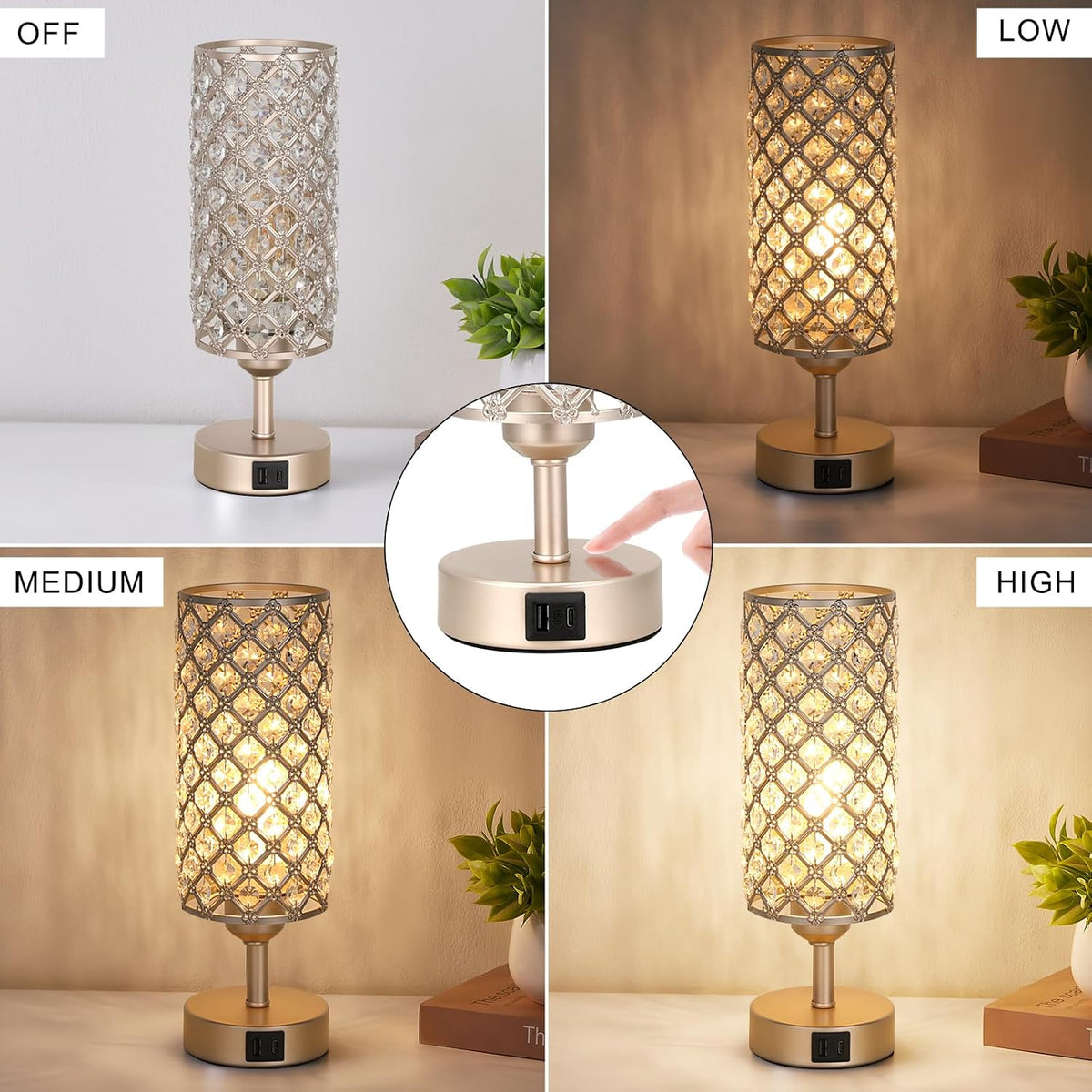 Pink Crystal Table Lamp, 3 Way Dimmable Touch Lamps for Night Stands
