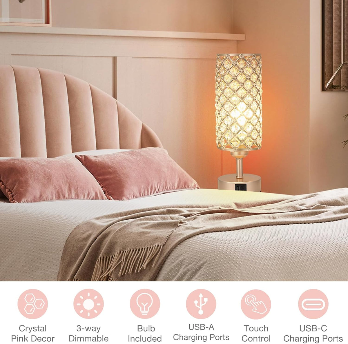 Pink Crystal Table Lamp, 3 Way Dimmable Touch Lamps for Night Stands
