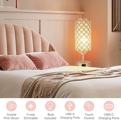 Pink Crystal Table Lamp, 3 Way Dimmable Touch Lamps for Night Stands