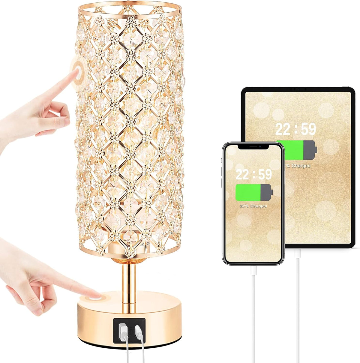 Pink Crystal Table Lamp, 3 Way Dimmable Touch Lamps for Night Stands