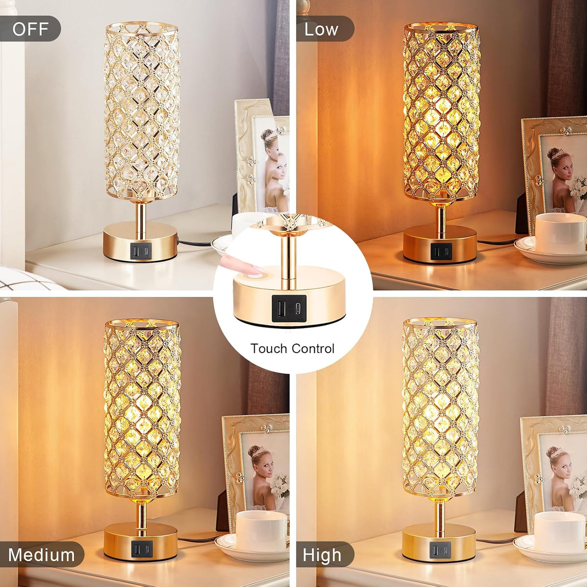 Pink Crystal Table Lamp, 3 Way Dimmable Touch Lamps for Night Stands