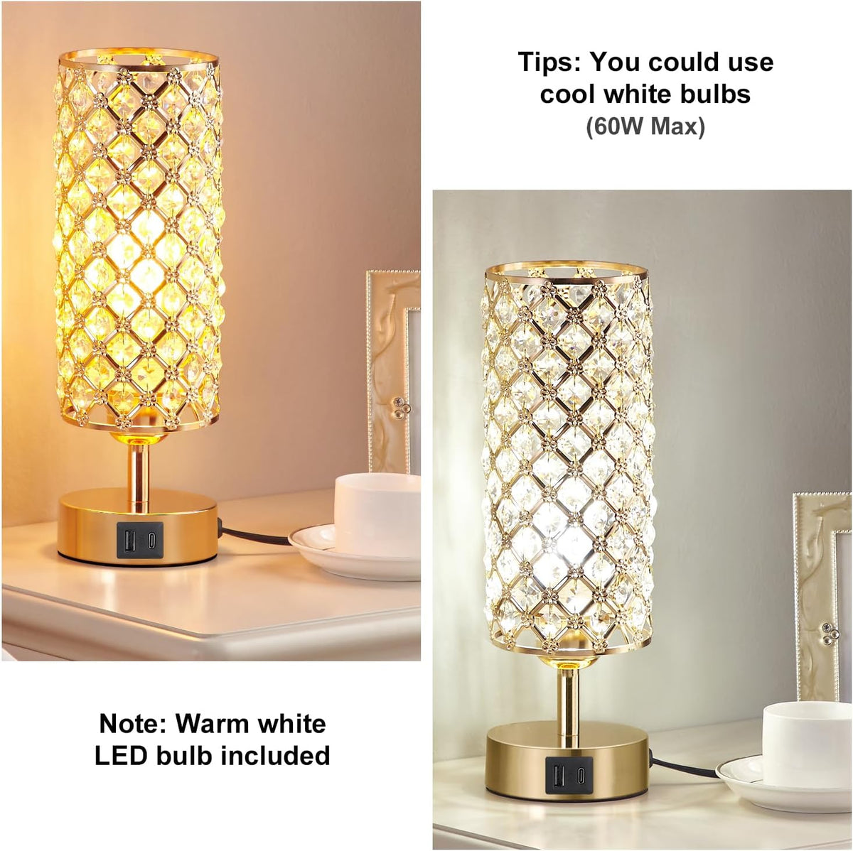 Pink Crystal Table Lamp, 3 Way Dimmable Touch Lamps for Night Stands
