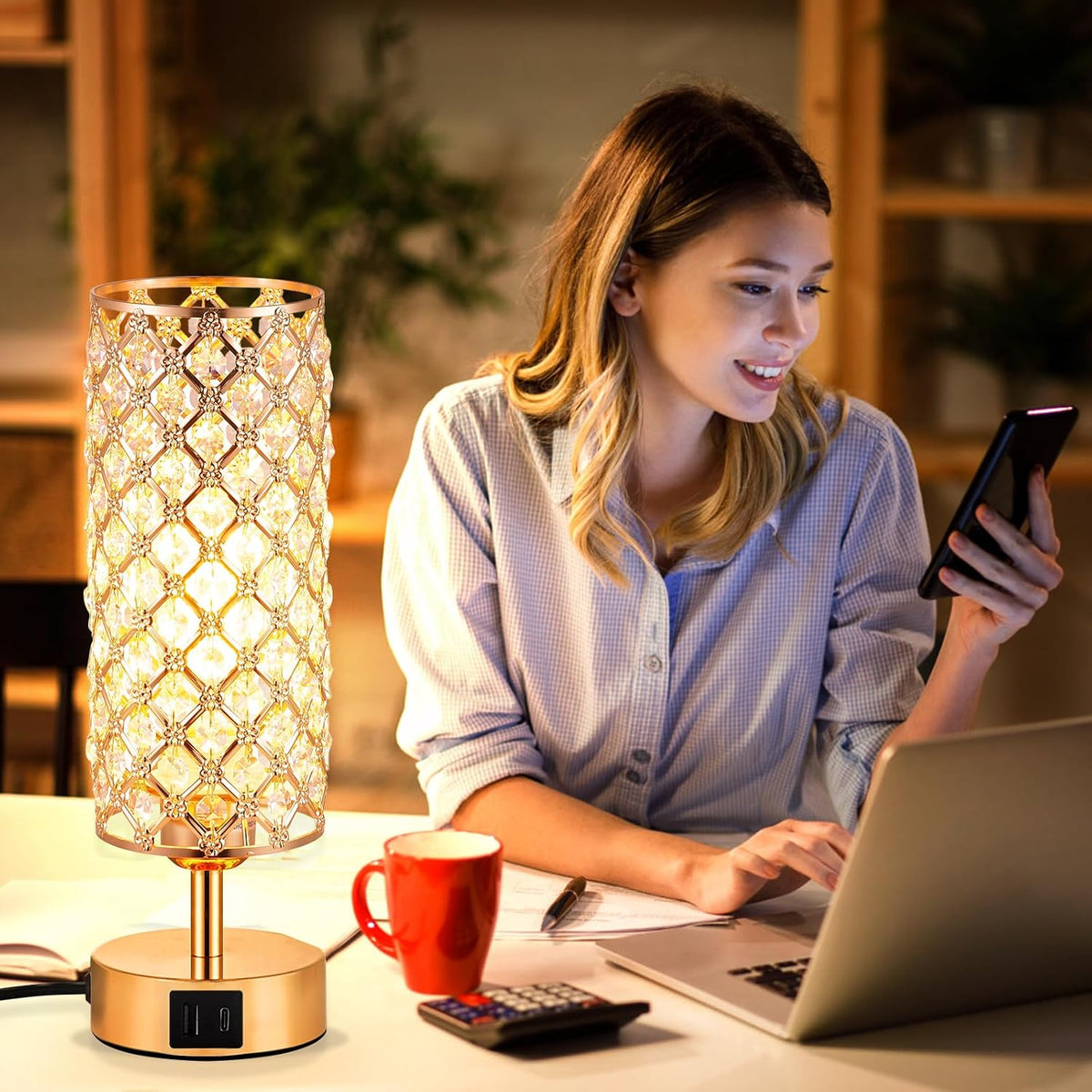 Pink Crystal Table Lamp, 3 Way Dimmable Touch Lamps for Night Stands