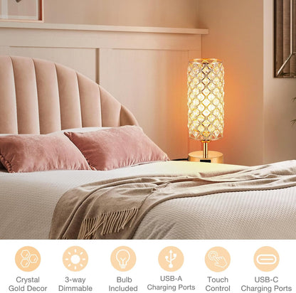 Pink Crystal Table Lamp, 3 Way Dimmable Touch Lamps for Night Stands