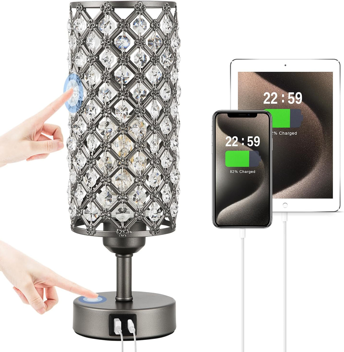 Pink Crystal Table Lamp, 3 Way Dimmable Touch Lamps for Night Stands