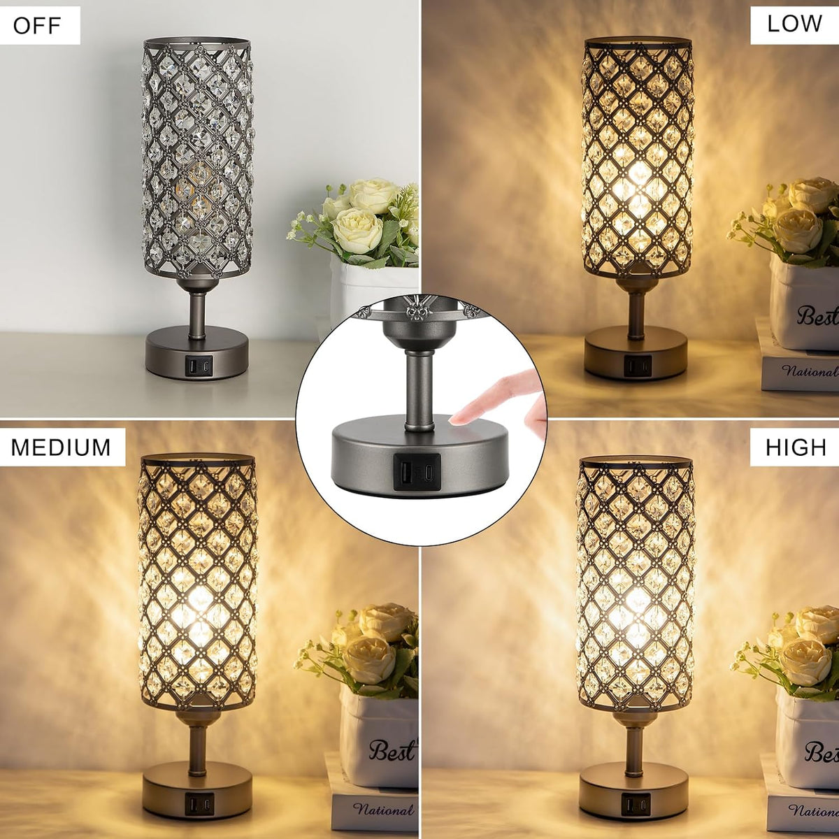 Pink Crystal Table Lamp, 3 Way Dimmable Touch Lamps for Night Stands