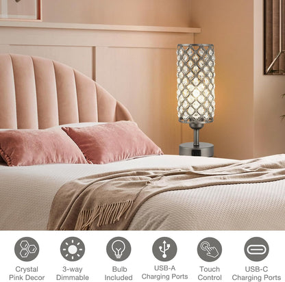 Pink Crystal Table Lamp, 3 Way Dimmable Touch Lamps for Night Stands