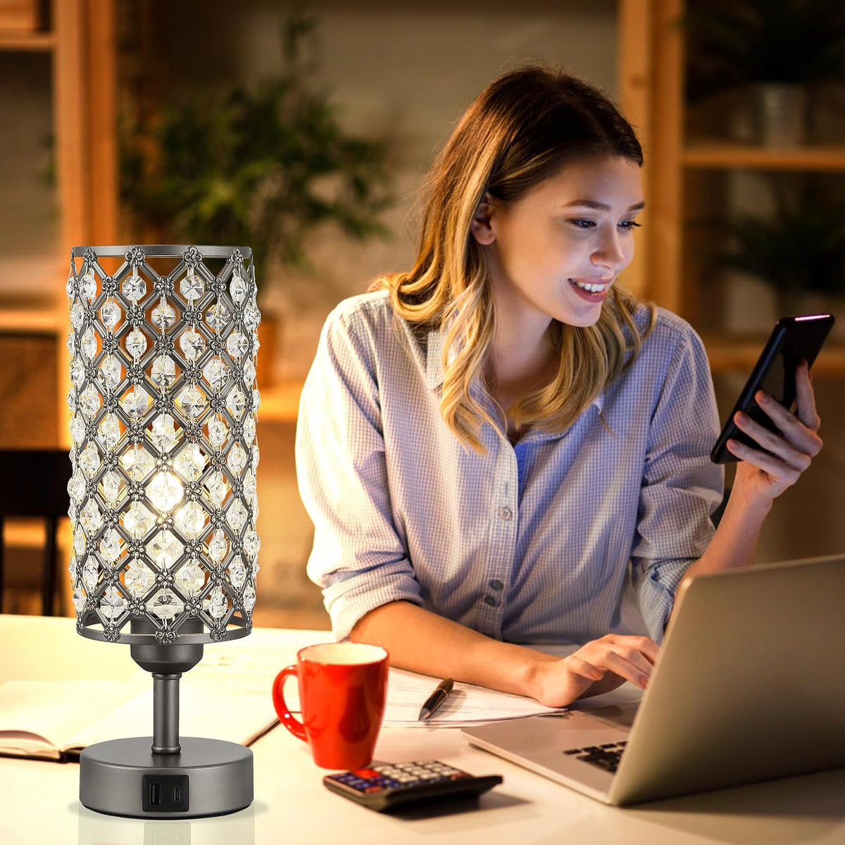 Pink Crystal Table Lamp, 3 Way Dimmable Touch Lamps for Night Stands