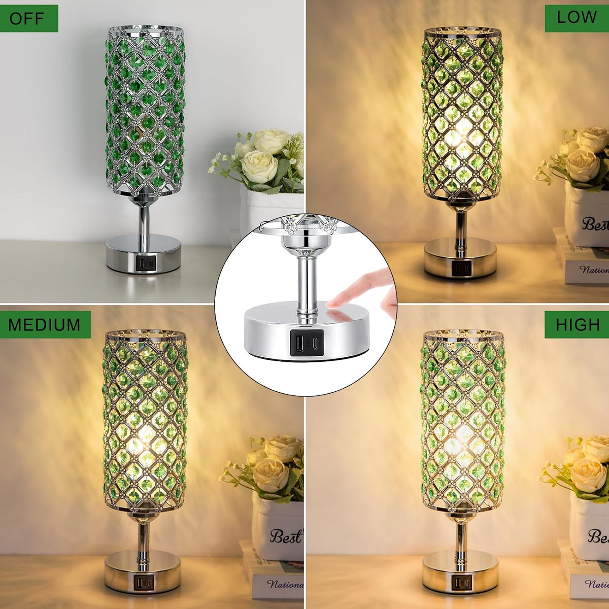 Pink Crystal Table Lamp, 3 Way Dimmable Touch Lamps for Night Stands