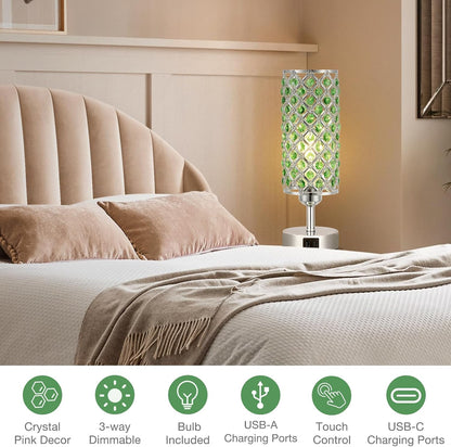 Pink Crystal Table Lamp, 3 Way Dimmable Touch Lamps for Night Stands