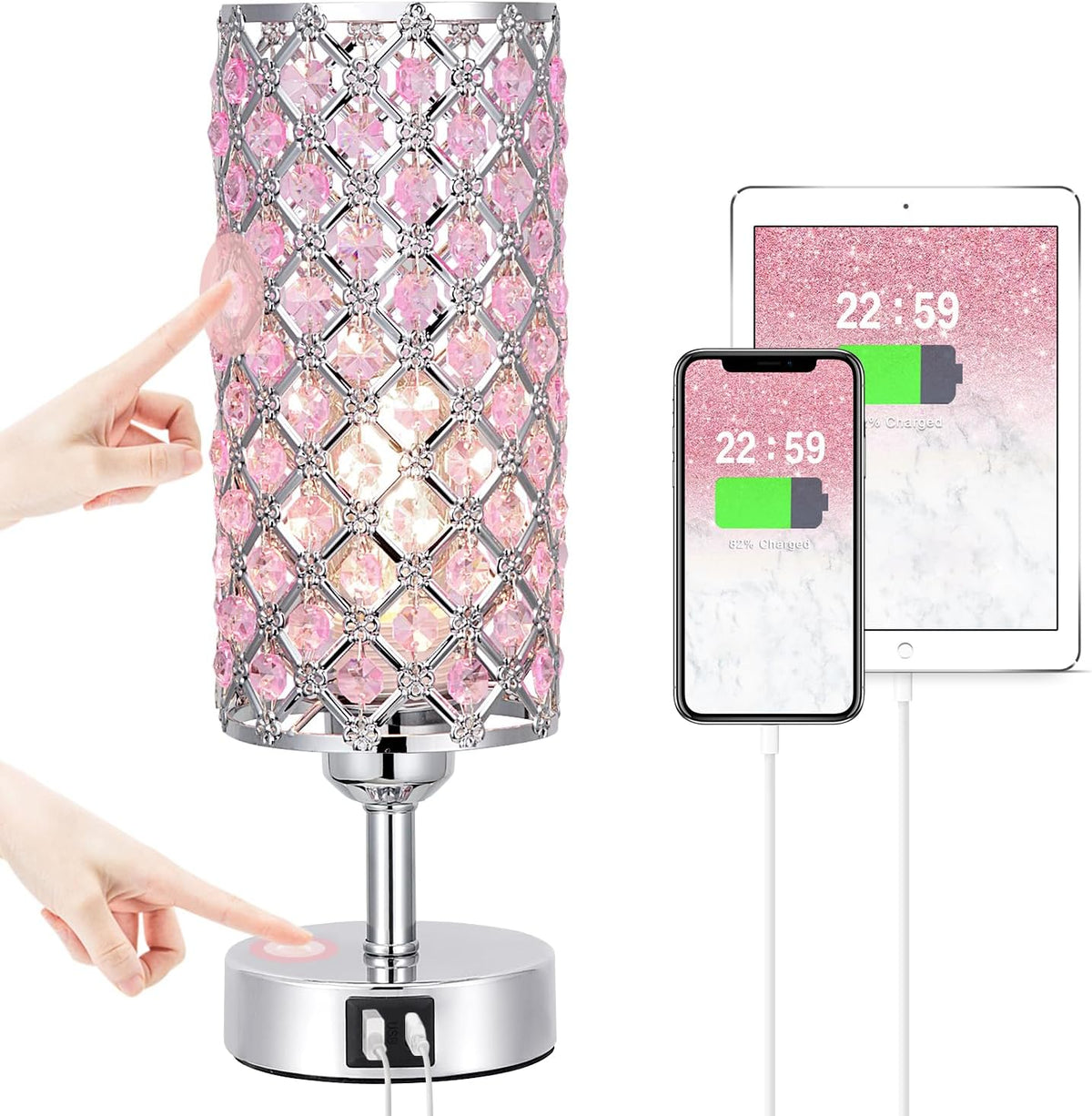 Pink Crystal Table Lamp, 3 Way Dimmable Touch Lamps for Night Stands