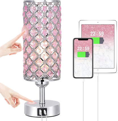 Pink Crystal Table Lamp, 3 Way Dimmable Touch Lamps for Night Stands