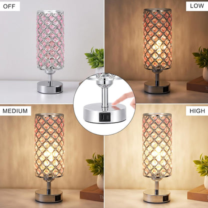 Pink Crystal Table Lamp, 3 Way Dimmable Touch Lamps for Night Stands