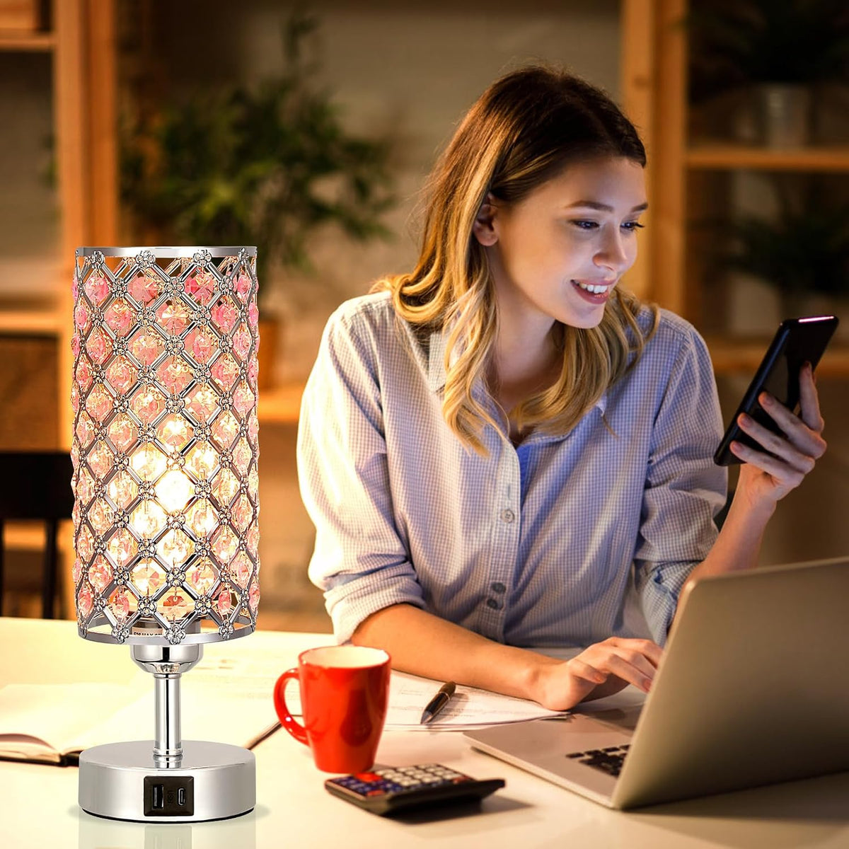 Pink Crystal Table Lamp, 3 Way Dimmable Touch Lamps for Night Stands
