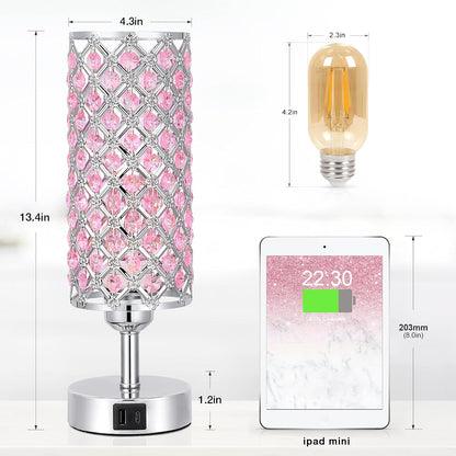 Pink Crystal Table Lamp, 3 Way Dimmable Touch Lamps for Night Stands