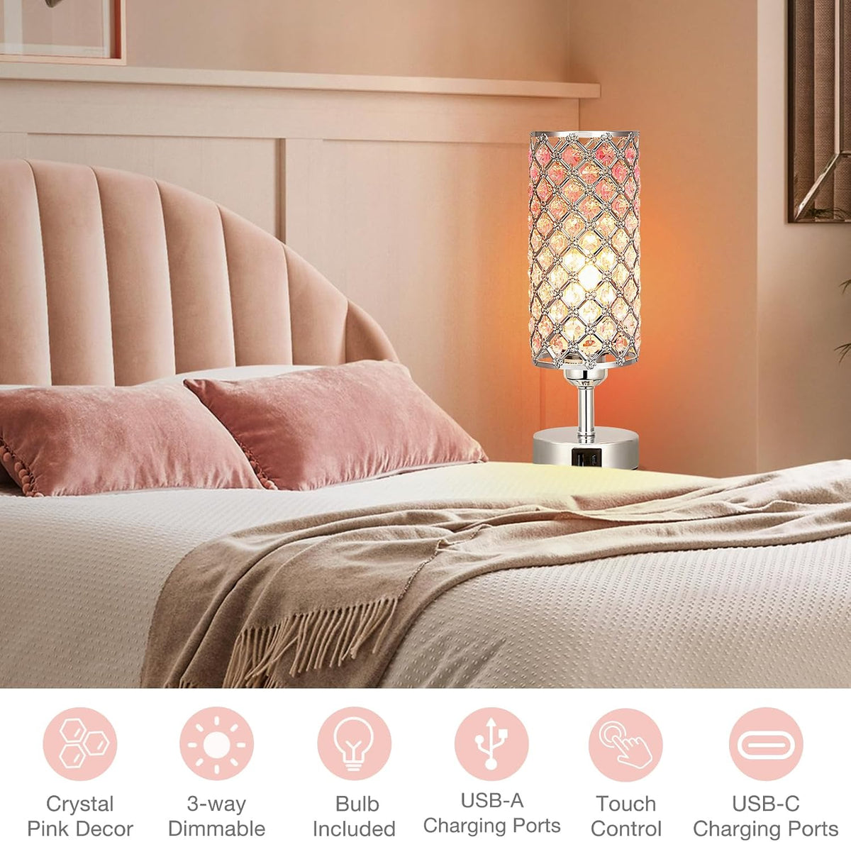 Pink Crystal Table Lamp, 3 Way Dimmable Touch Lamps for Night Stands