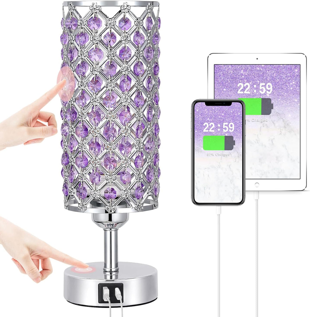 Pink Crystal Table Lamp, 3 Way Dimmable Touch Lamps for Night Stands