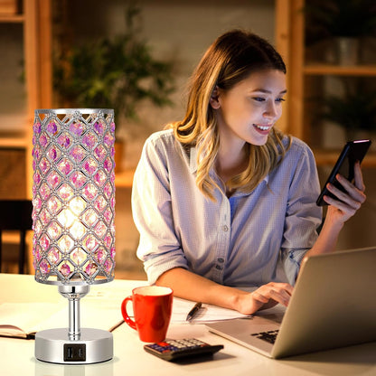 Pink Crystal Table Lamp, 3 Way Dimmable Touch Lamps for Night Stands