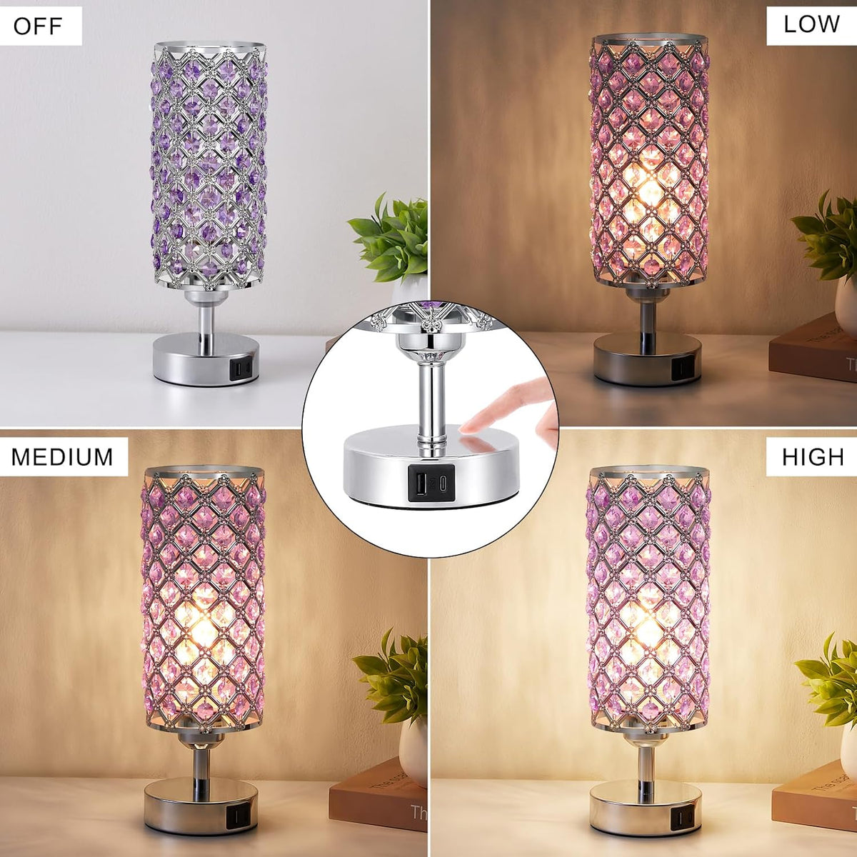 Pink Crystal Table Lamp, 3 Way Dimmable Touch Lamps for Night Stands