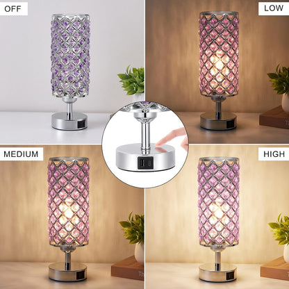 Pink Crystal Table Lamp, 3 Way Dimmable Touch Lamps for Night Stands