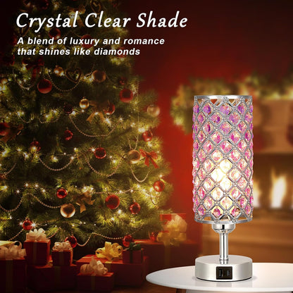 Pink Crystal Table Lamp, 3 Way Dimmable Touch Lamps for Night Stands