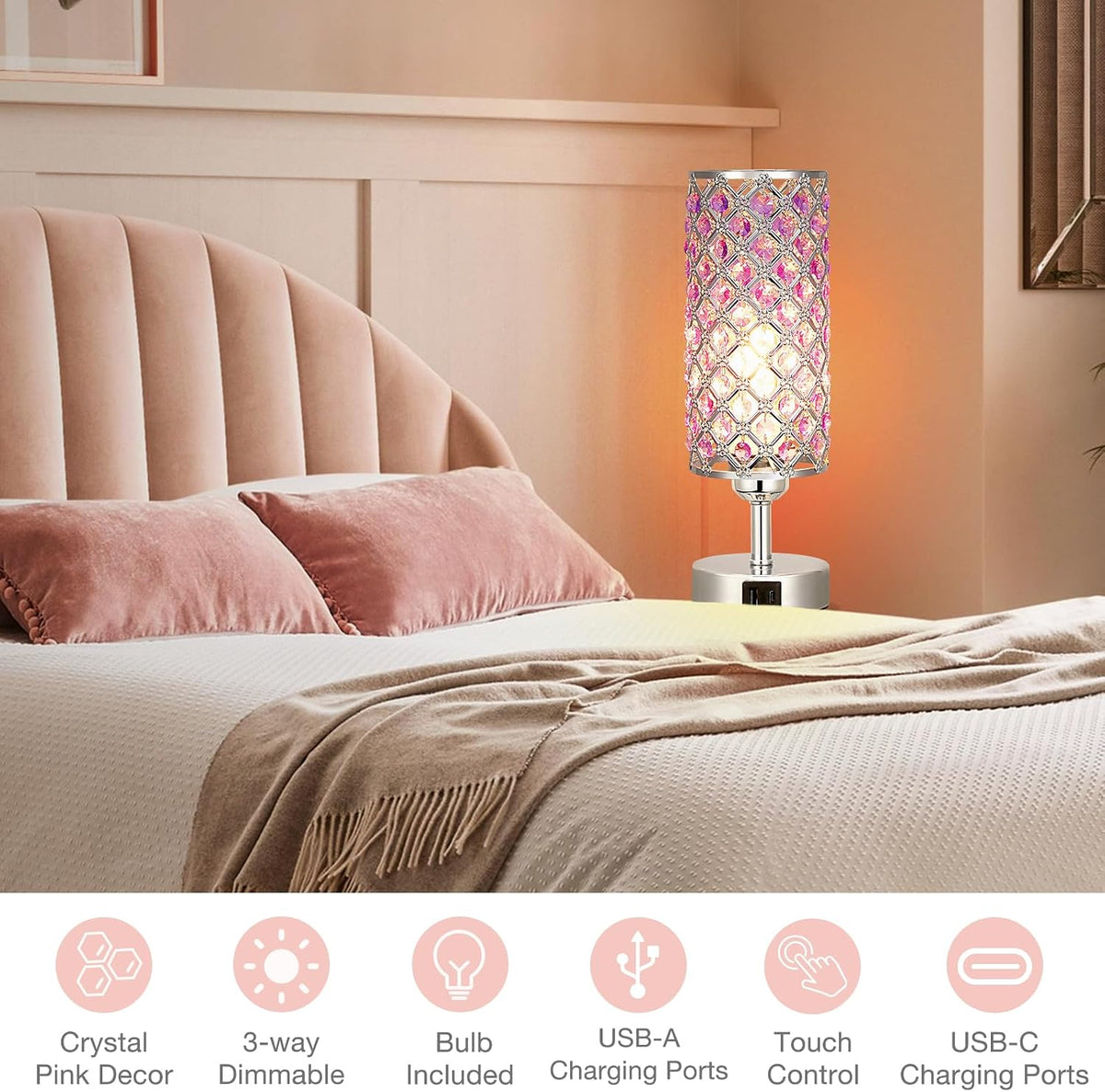 Pink Crystal Table Lamp, 3 Way Dimmable Touch Lamps for Night Stands