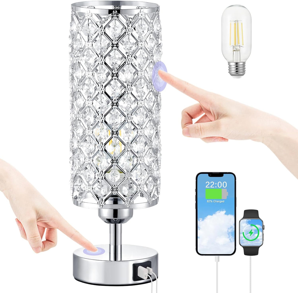 Pink Crystal Table Lamp, 3 Way Dimmable Touch Lamps for Night Stands